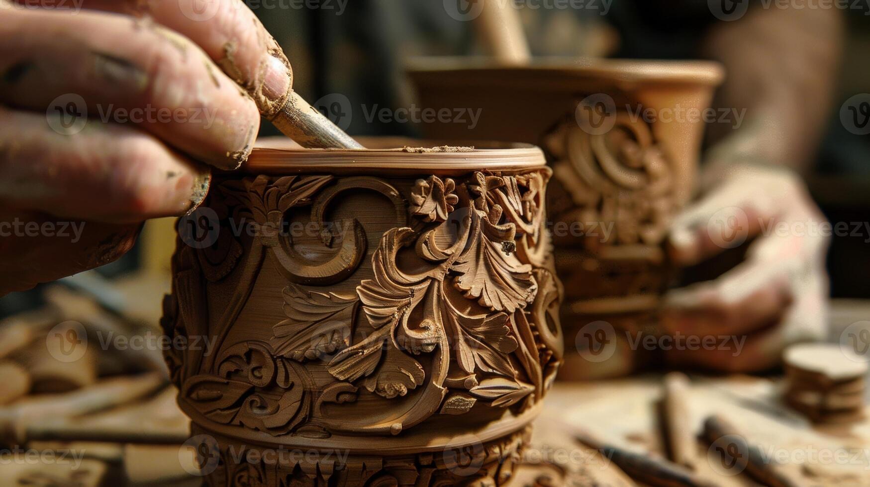 A potter carefully carves intricate details into the surface of a clay mug adding personal touches to the piece photo