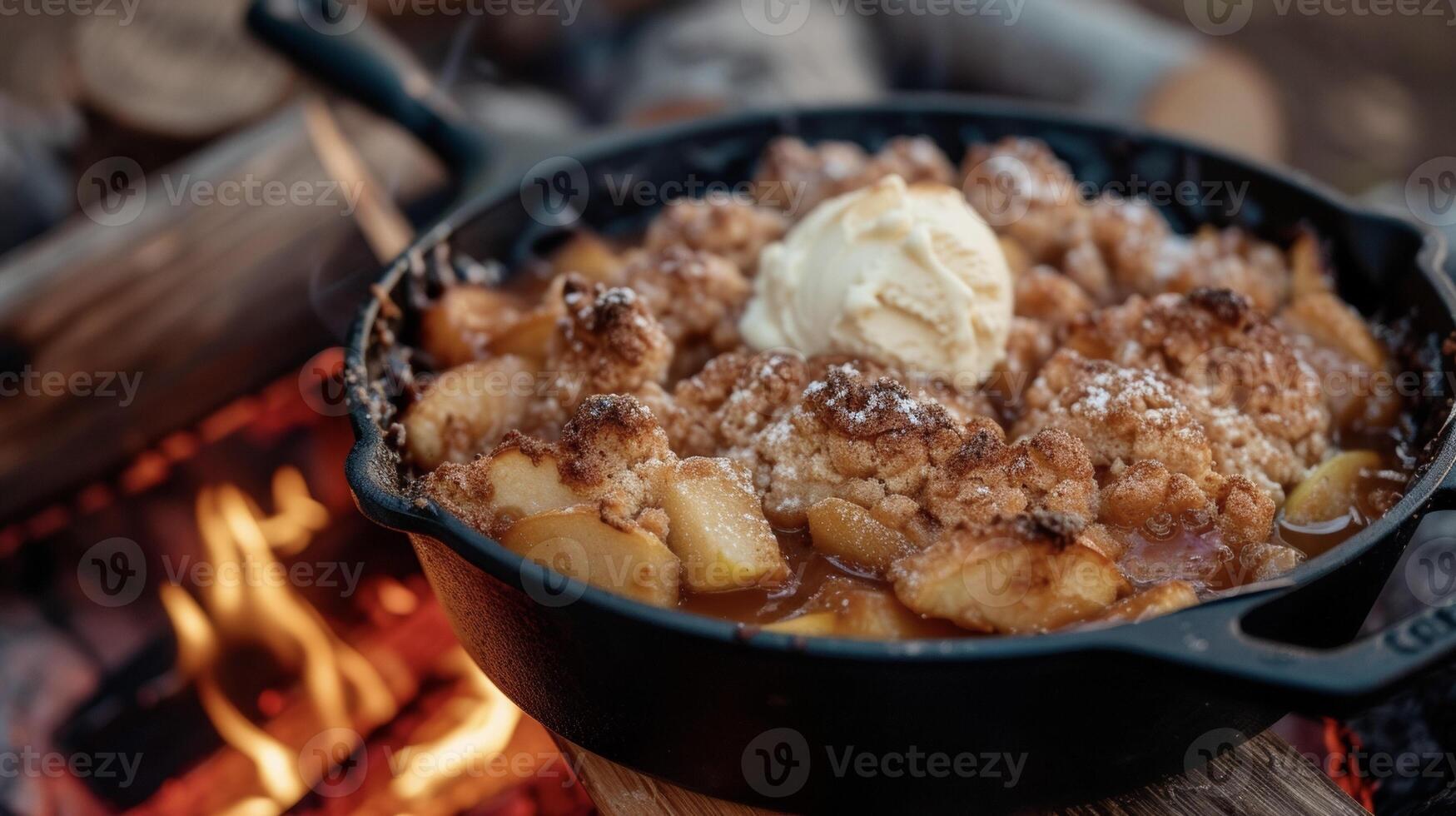 An iconic campfire dessert this Dutch oven apple cobbler is a musttry on your next outdoor adventure. Juicy apples cooked to perfection nestled under a layer of flaky pastr photo