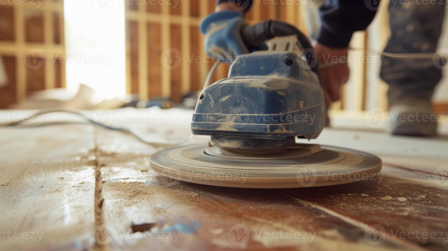 A power sander moves in graceful circles smoothing out rough edges on a piece of furniture thats receiving a fresh coat of paint in a living room renovation photo