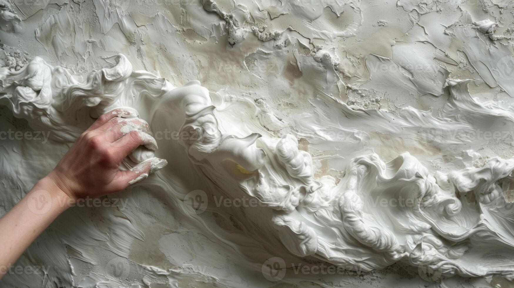 A skilled hand applying layers of textured plaster to a wall creating a dynamic and threedimensional effect that catches the eye photo