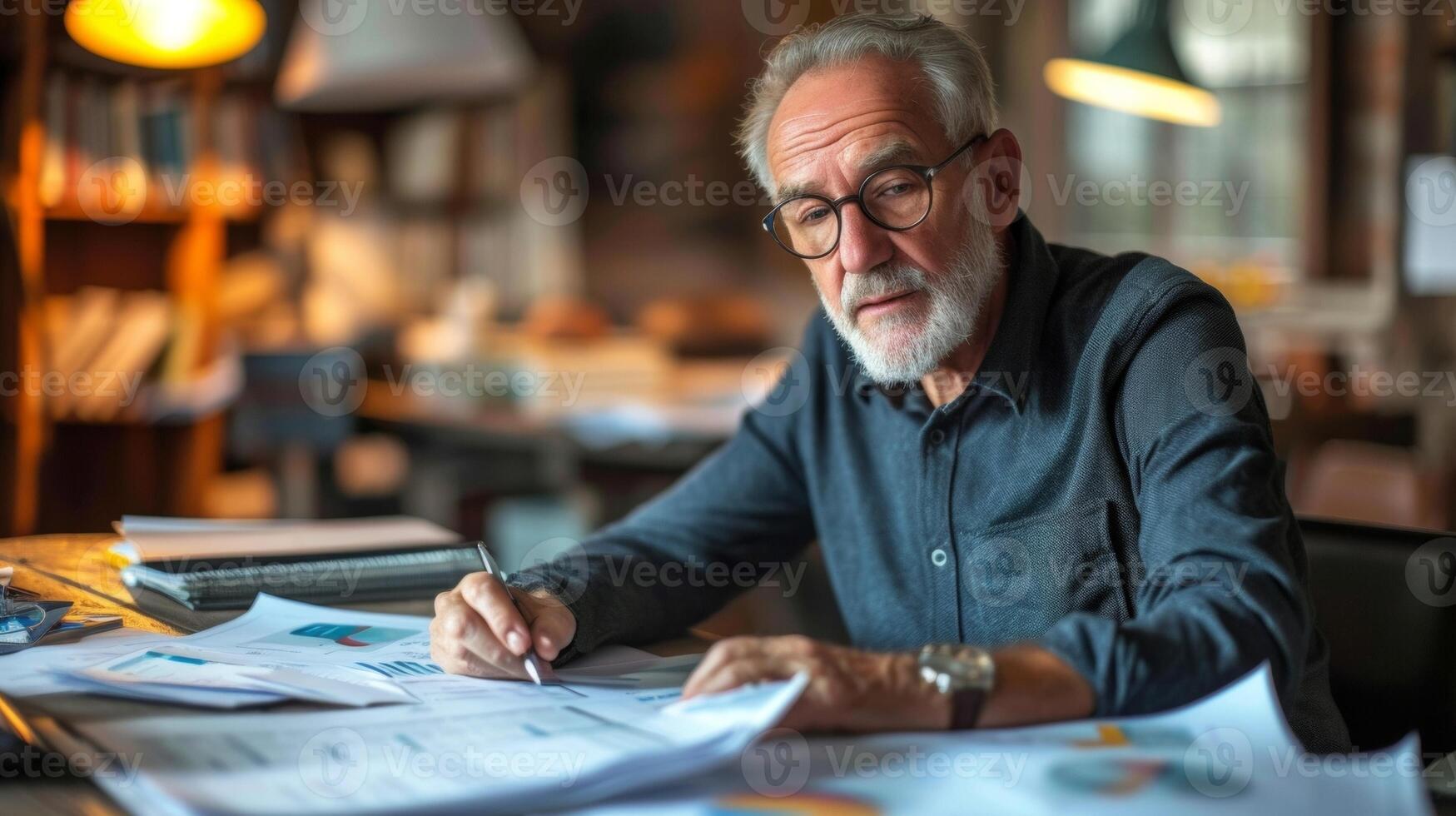 A senioraged man sitting at a desk piled high with papers intently analyzing his retirement accounts and working on a budget plan to ensure a financially secure future photo
