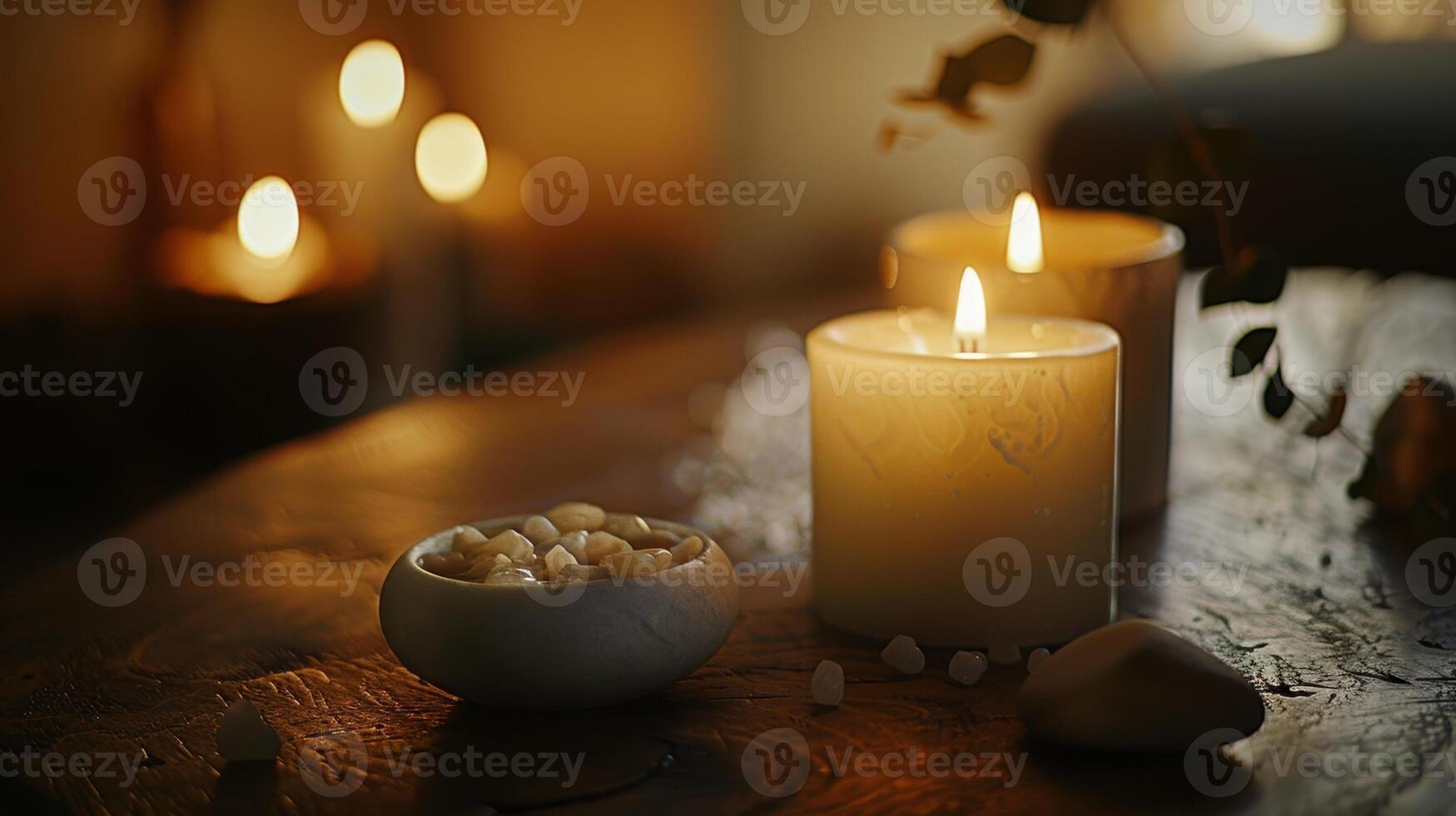 Soft music plays in the background adding to the soothing ambiance of the candlelit room. 2d flat cartoon photo