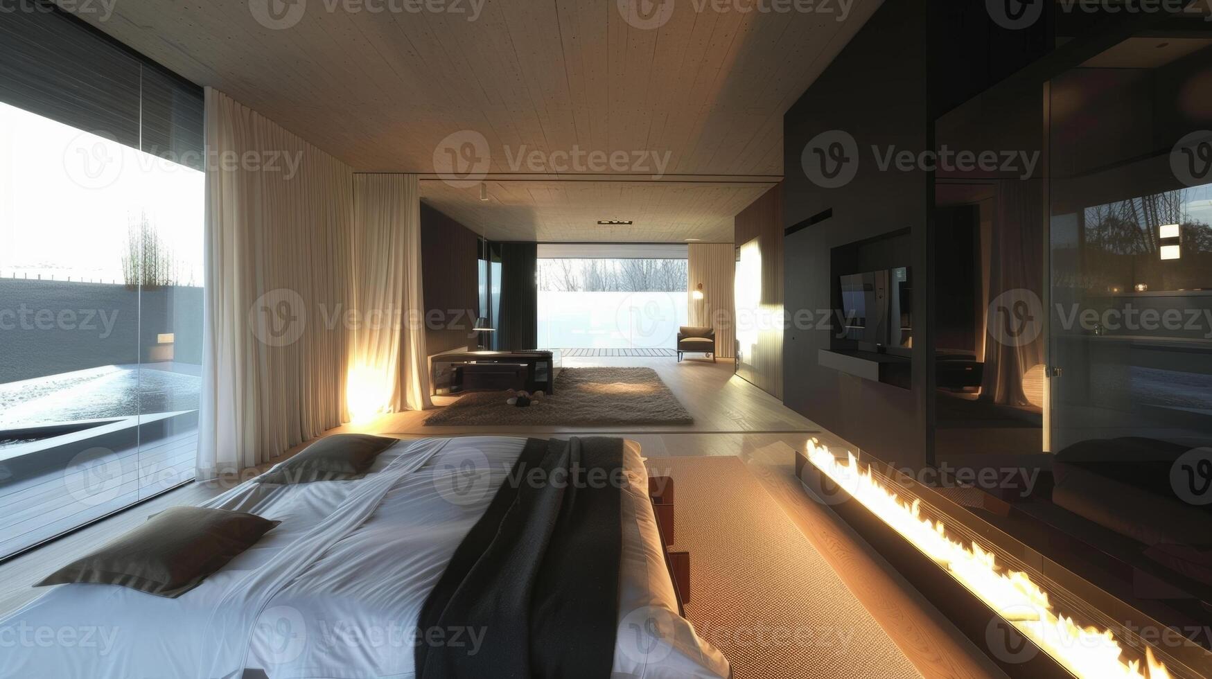 The minimalist bedroom boasts a twosided glass fireplace adding both warmth and style to the modern design. 2d flat cartoon photo