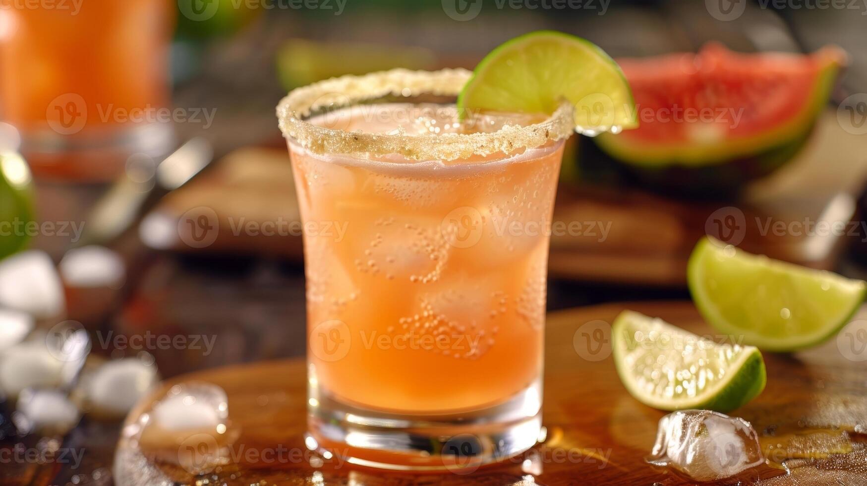 A tangy and tropical cocktail featuring local tequila guava juice and a splash of lime served in a saltrimmed glass with a gfruit wedge photo