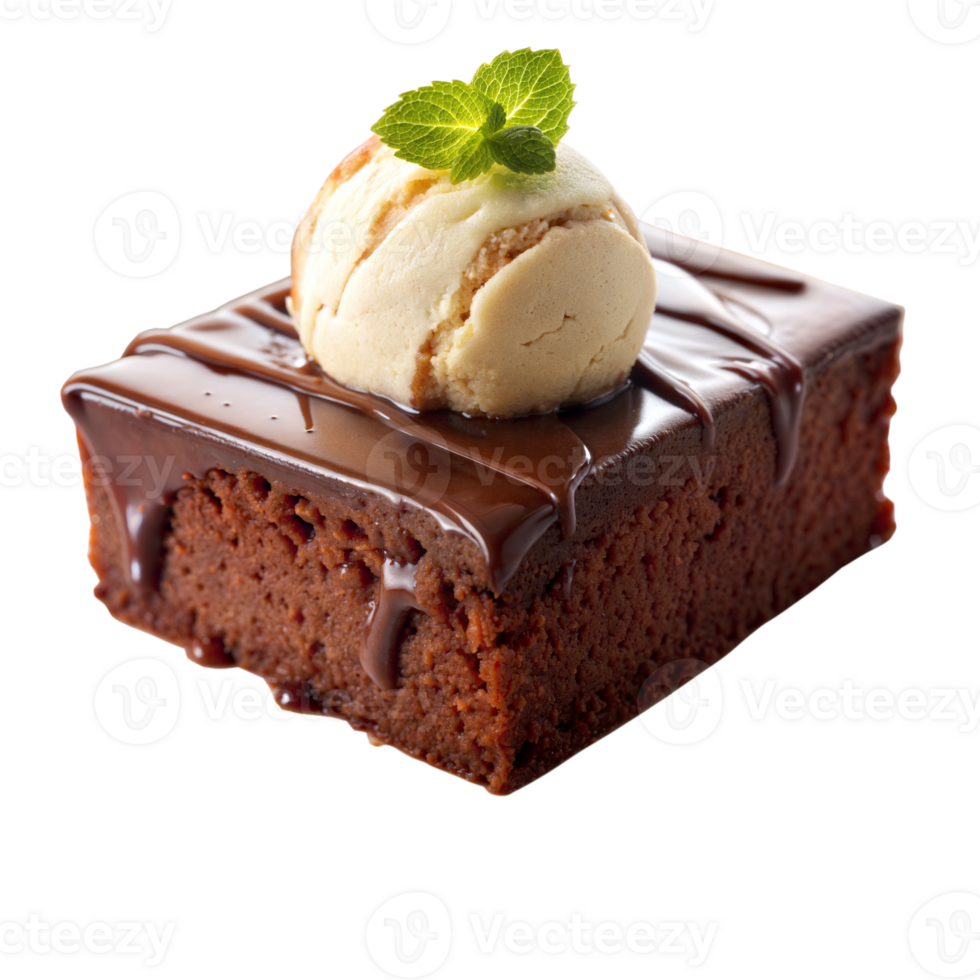 A luscious chocolate brownie served with a scoop of vanilla ice cream, garnished with a mint leaf png