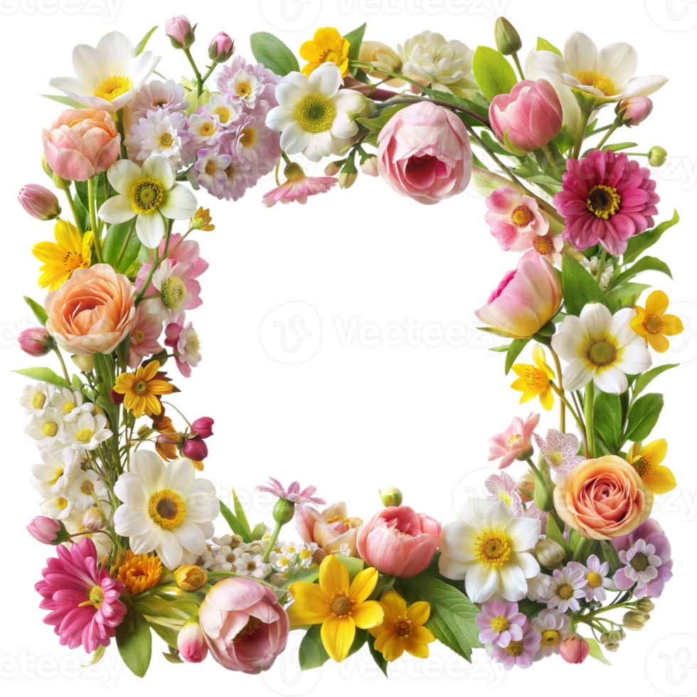 A colorful square wreath composed of mixed spring blooms png