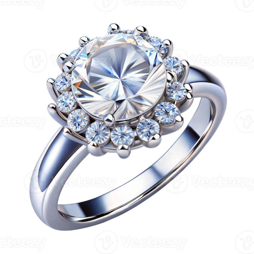 A sparkling diamond engagement ring with multiple stones on a silver band png