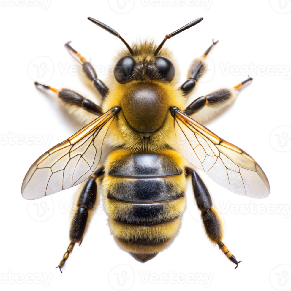 Detailed shot of a honeybee showcasing its wings and fuzzy body png