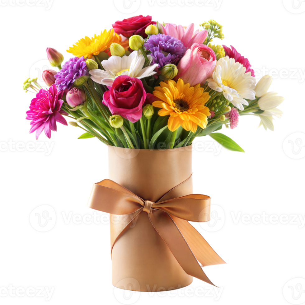 A colorful floral arrangement with a bow, isolated on transparent png