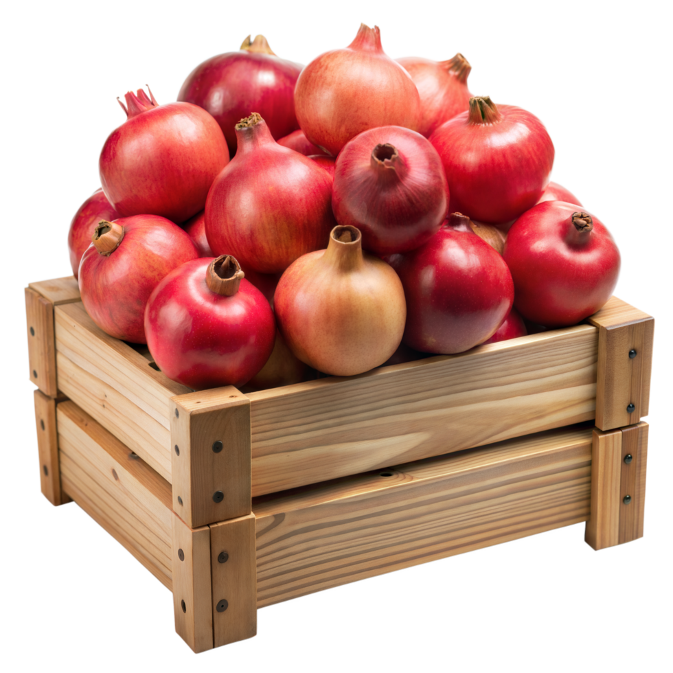 A crate full of ripe pomegranates isolated on transparent png