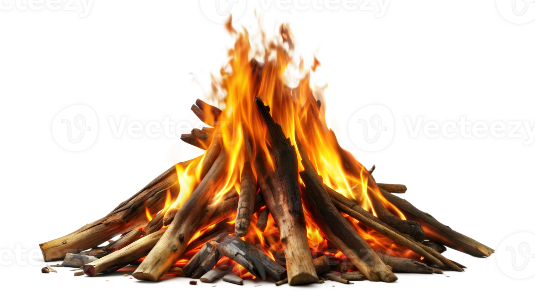 A vibrant campfire with flames and wood isolated on transparent png