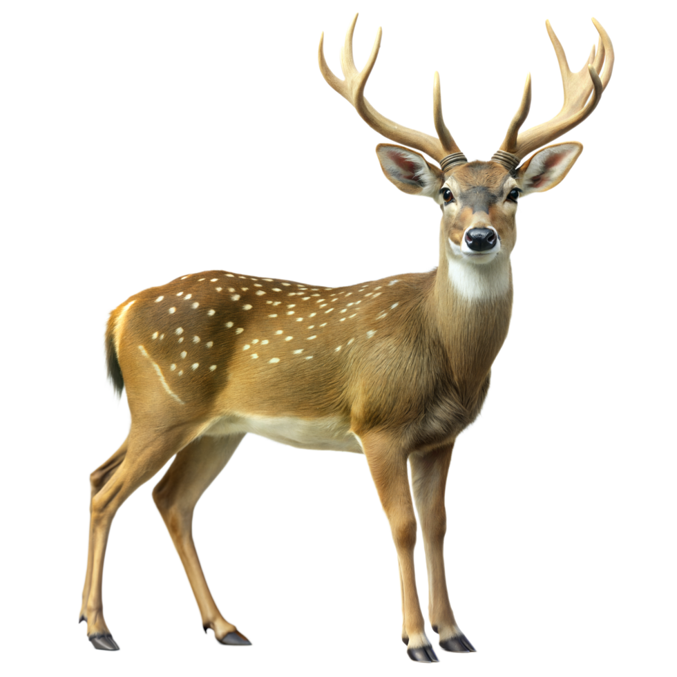 A spotted deer with towering antlers stands alert and poised png