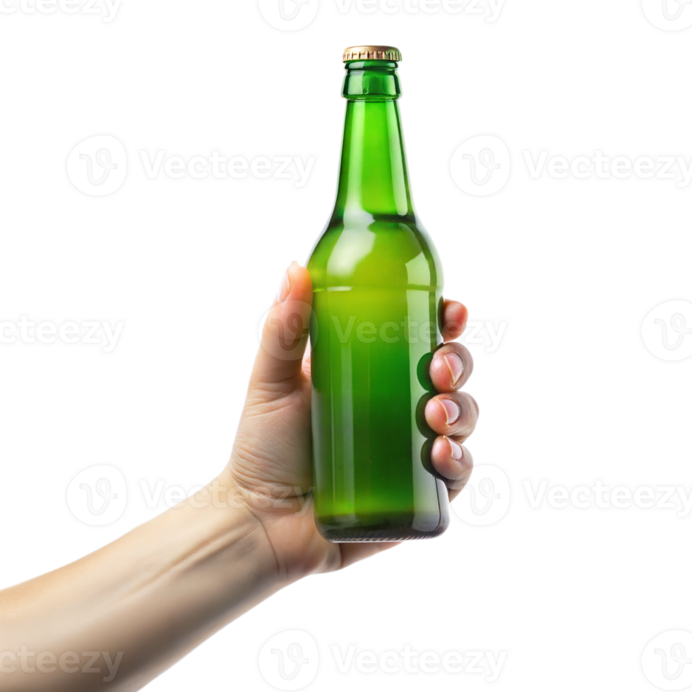 Hand presenting a sealed green bottle png