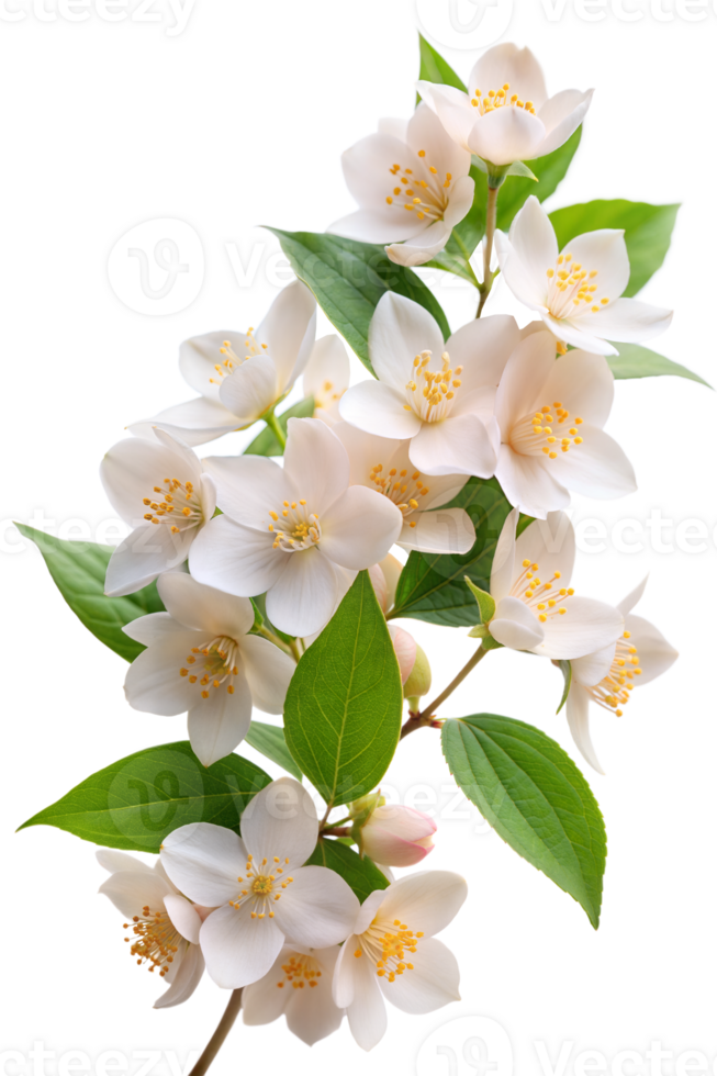 A close-up of delicate white jasmine in full bloom with vibrant green foliage png