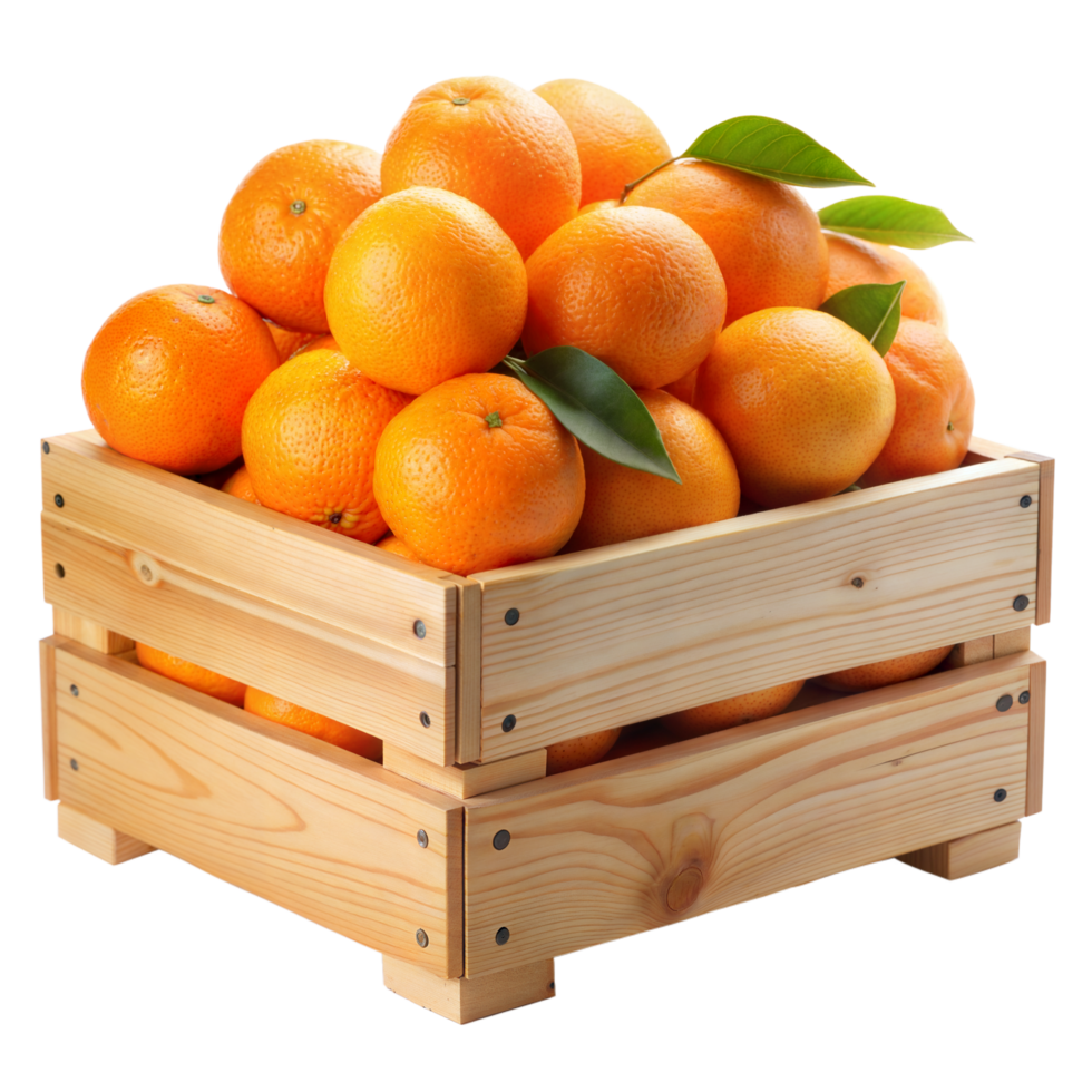 A crate full of ripe oranges with leaves, on a transparent backdrop png