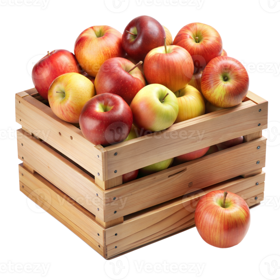 A variety of apples in a crate, signifying freshness and harvest png