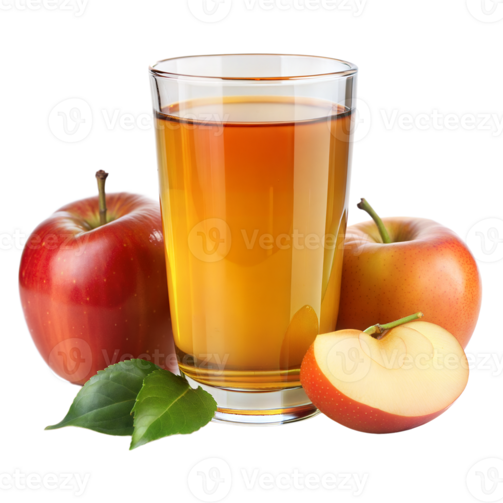A glass of apple juice with ripe apples and a slice on a transparent background png