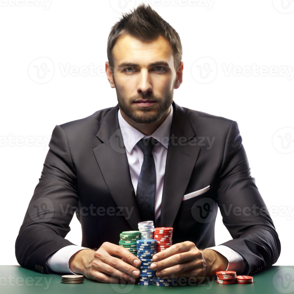 A suave man in a suit engaged in a game of poker with a stack of chips png