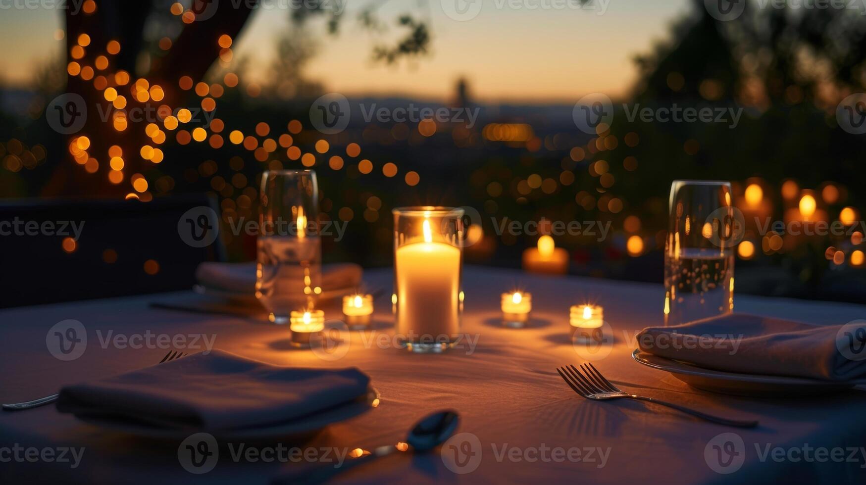 The city lights le in the distance as the candles dance in the gentle breeze setting a dreamy scene for the dinner. 2d flat cartoon photo