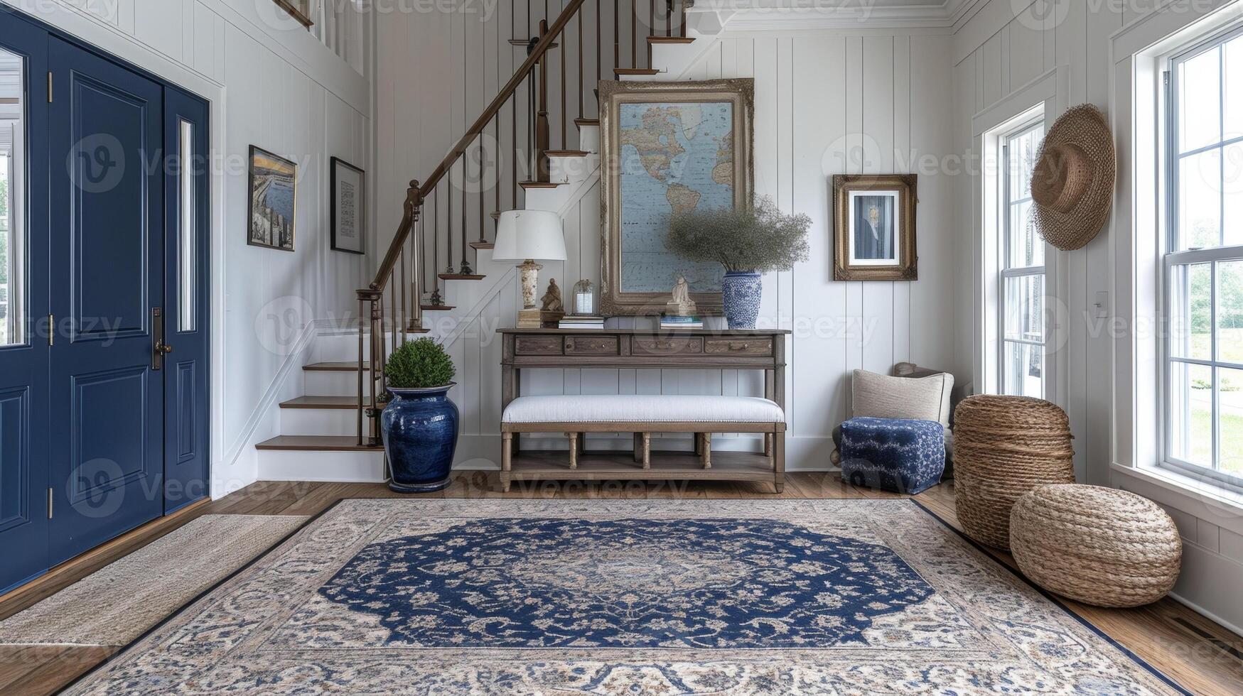 A chic entryway with a patterned rug and a console table decorated with a mix of family photos and unique sculptures