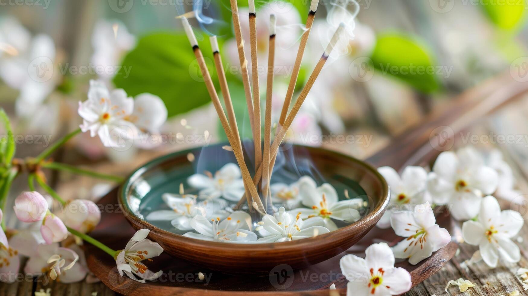 Aromatherapy incense sticks burn slowly releasing the delicate and calming scent of jasmine essential oil photo