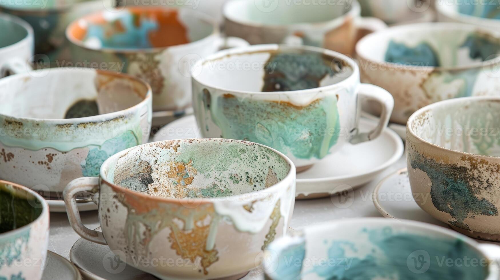 This series of ceramic cups and saucers each with its own unique abstract pattern invites the viewer to appreciate the beauty in imperfection. photo