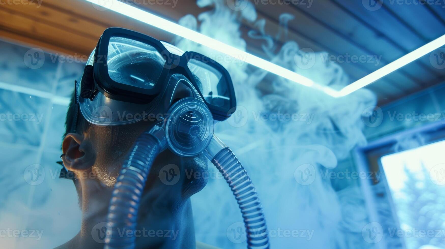 A person in the sauna with an oxygen mask combining the antiaging benefits of increased oxygen intake with sauna therapy. photo