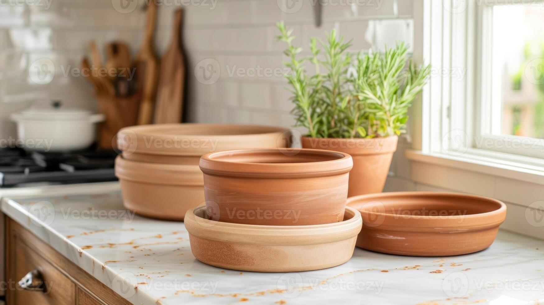 A set of three round baking dishes each made from a different type of highfire clay and varying in size neatly stacked on a kitchen countertop. photo