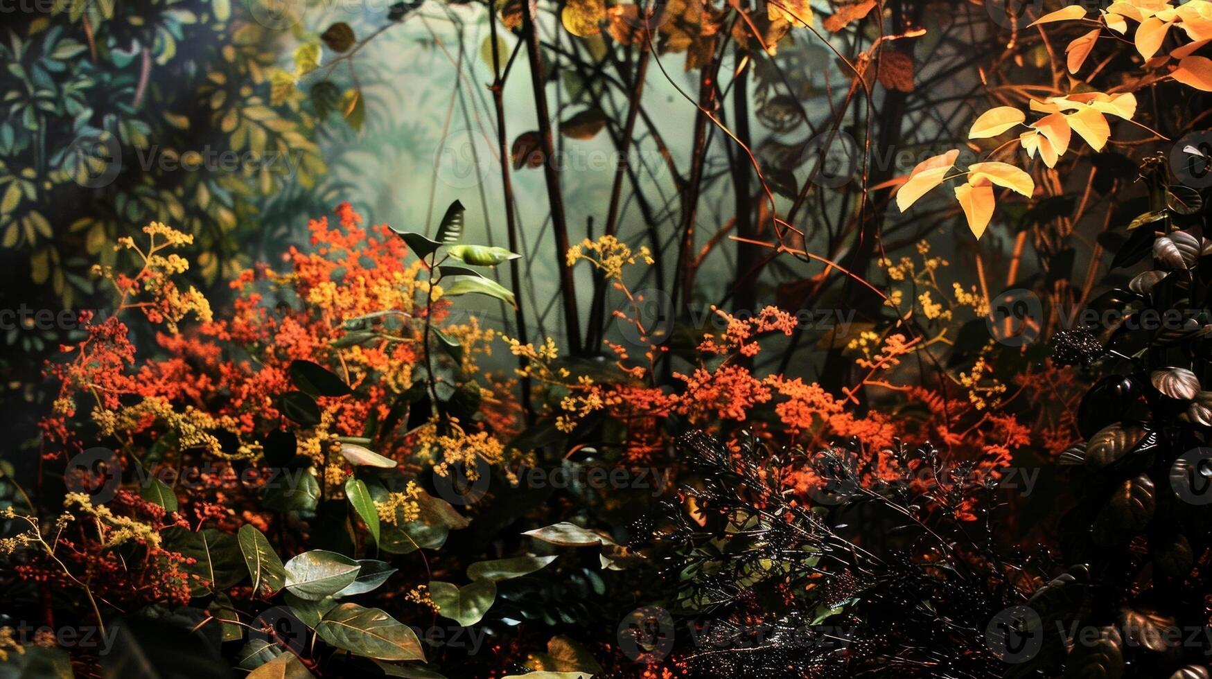 Illuminated by the fire the surrounding trees and plants seem to come alive with color and texture. 2d flat cartoon photo