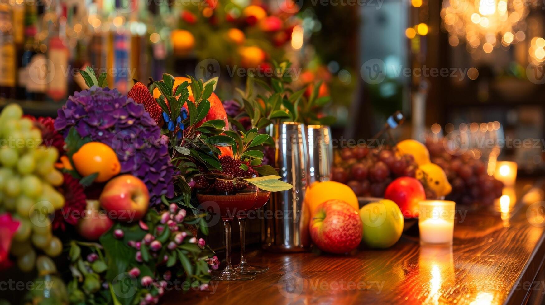 Vibrant fruits and herbs adorn the bar bursting with color as the ling candles reflect off the polished wooden surface. 2d flat cartoon photo