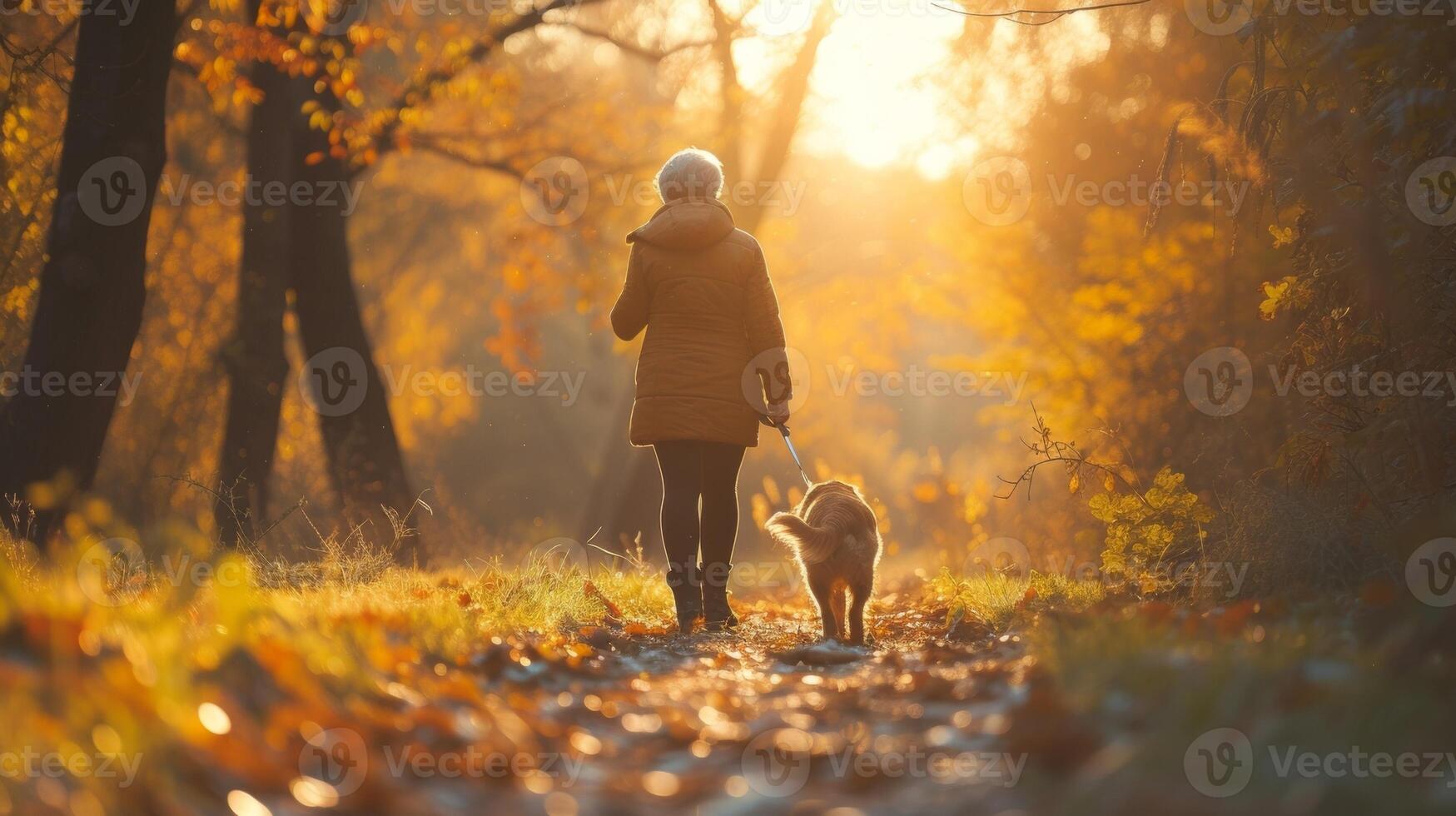 A retired woman and her dog walking on a peaceful trail the trees rustling in the gentle breeze and the sun peeking through the branches creating a serene atmosphere photo