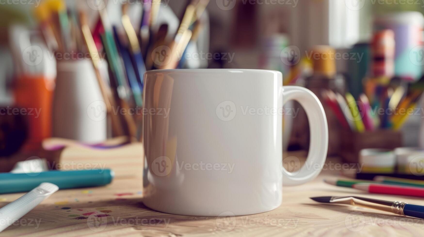 A ceramic mug with a blank white surface sits on a table surrounded by paint brushes markers and pens. photo