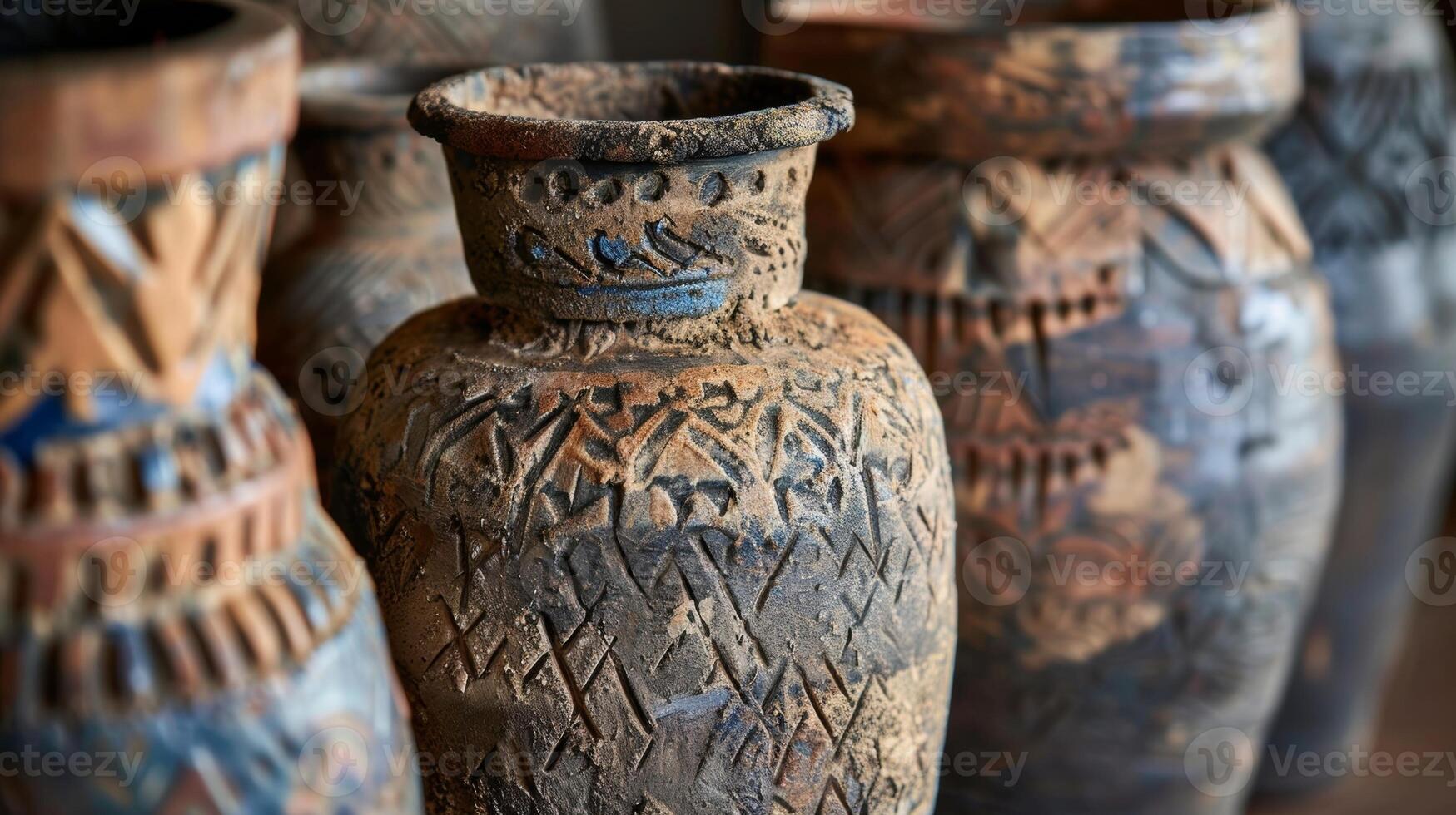 un conjunto de floreros con un afligido Mira apareciendo a ser hecho desde fragmentos de antiguo cerámica con áspero bordes y intrincado grabados. foto