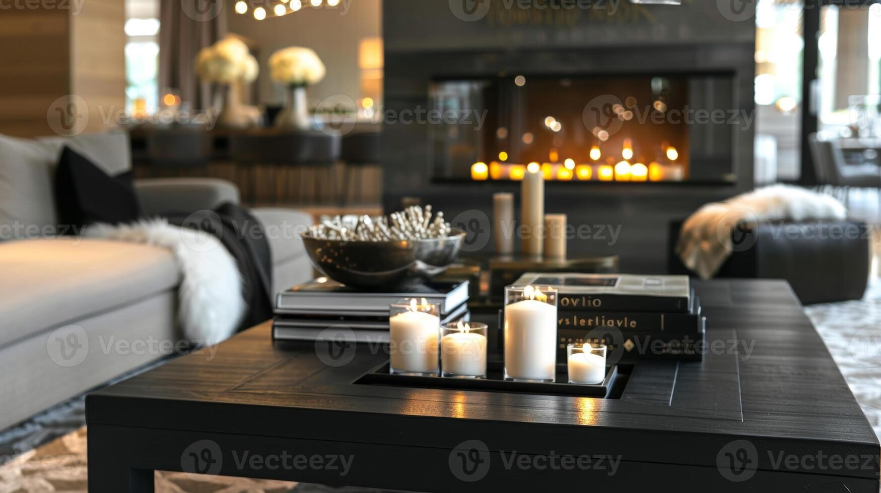 A sleek black coffee table topped with scented candles and a stack of books complements the simple yet elegant design of the fireplace in the lobby corner. 2d flat cartoon photo