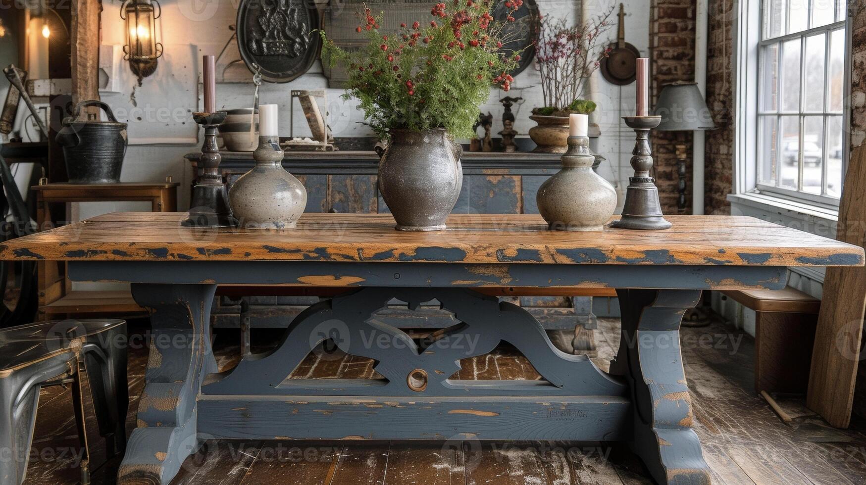 A set of antique church pews are repurposed into a stylish and oneofakind dining table complete with a salvaged wood top and distressed finish photo