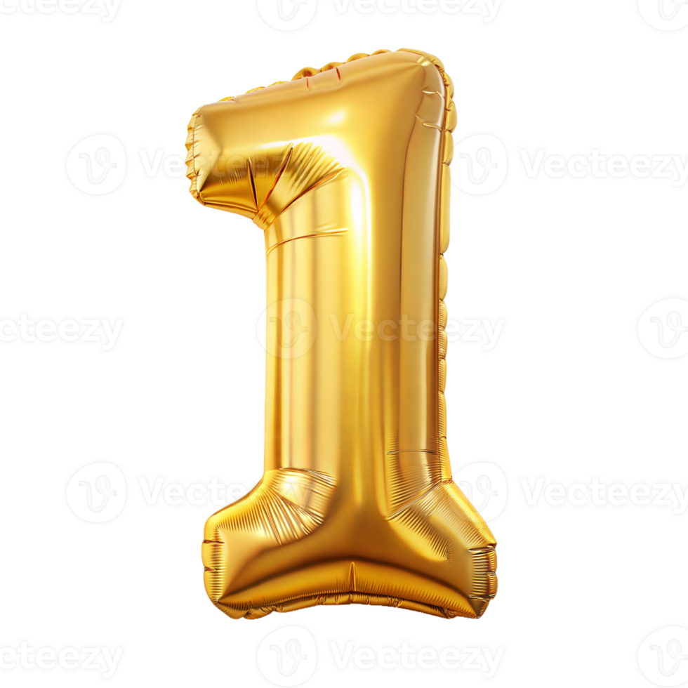 A shiny gold foil number one balloon floats in a neutral space png