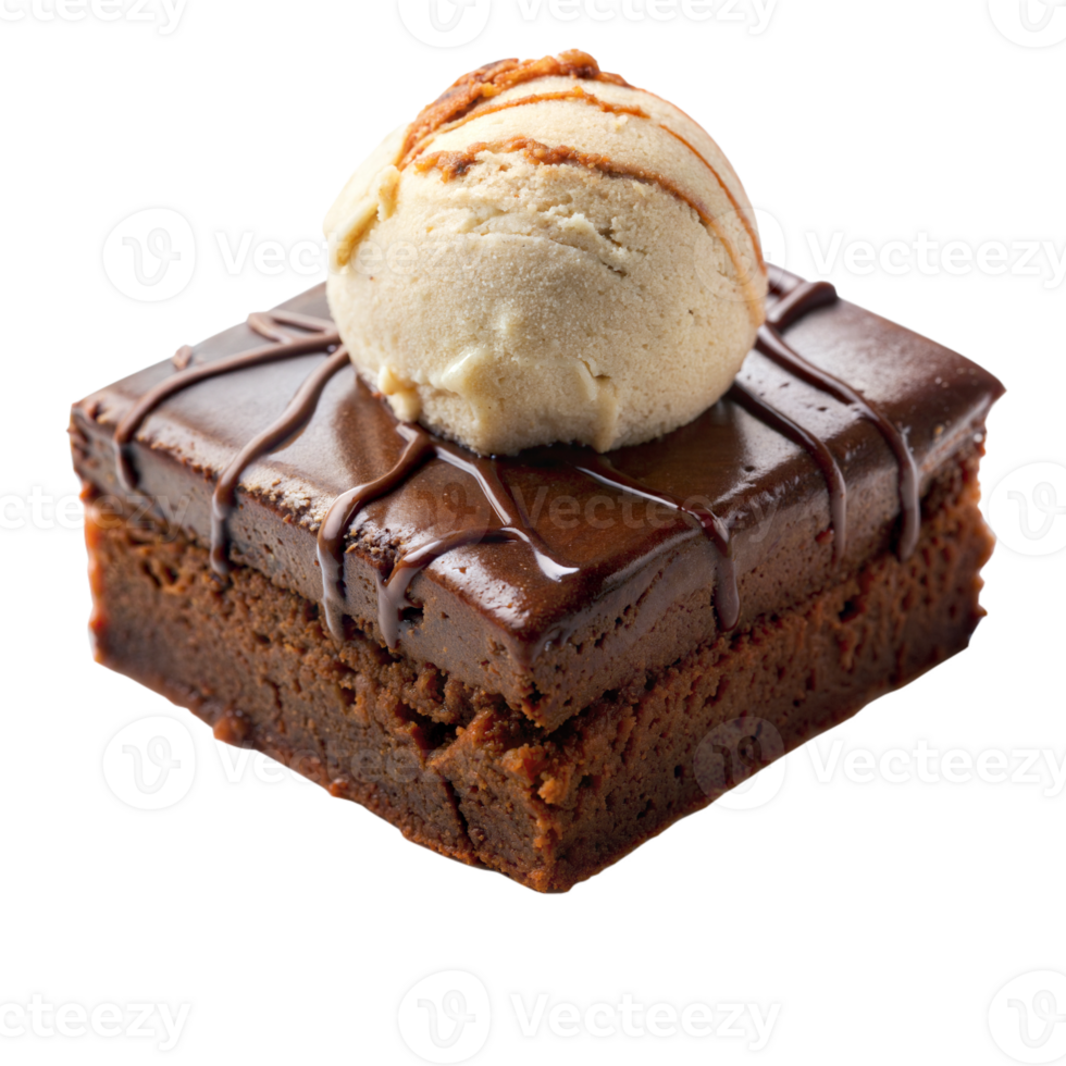 A scoop of vanilla ice cream on a fudgy brownie against a transparent background png