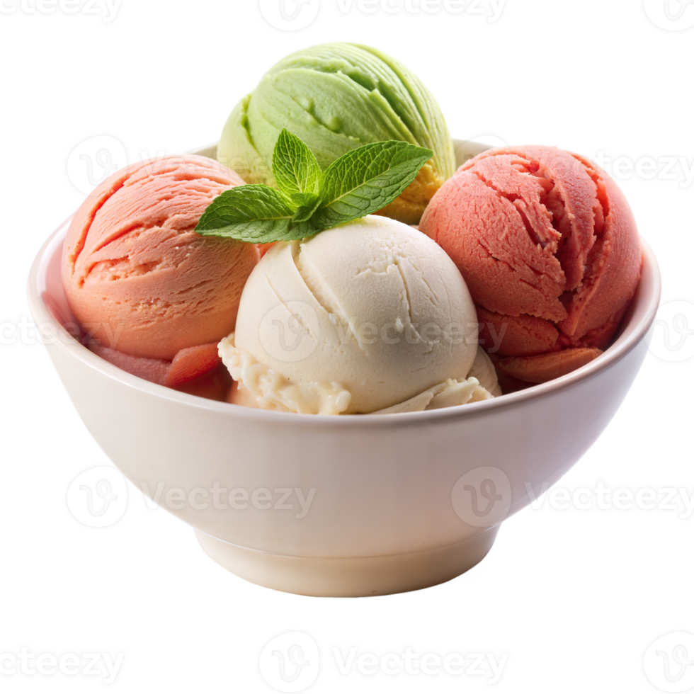 A bowl of colorful ice cream scoops served with a mint leaf png