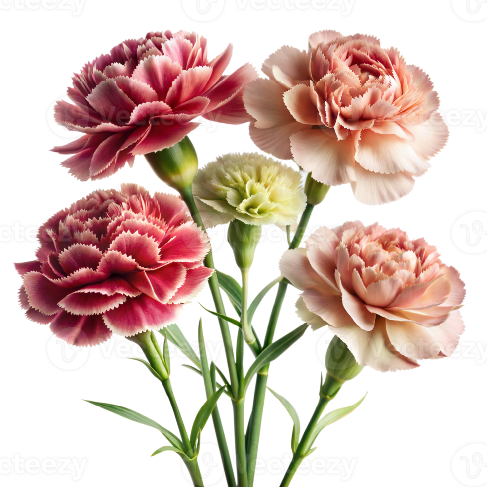 A cluster of carnations with pink, red, and light green petals in full bloom png