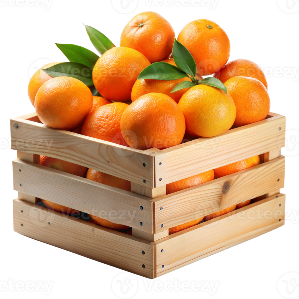 A wooden crate full of ripe oranges with leaves, isolated on transparent png