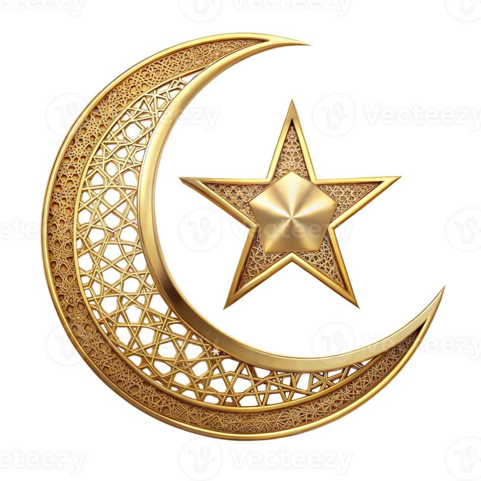 An ornate golden crescent moon and star, symbols of Islam, with intricate patterns png