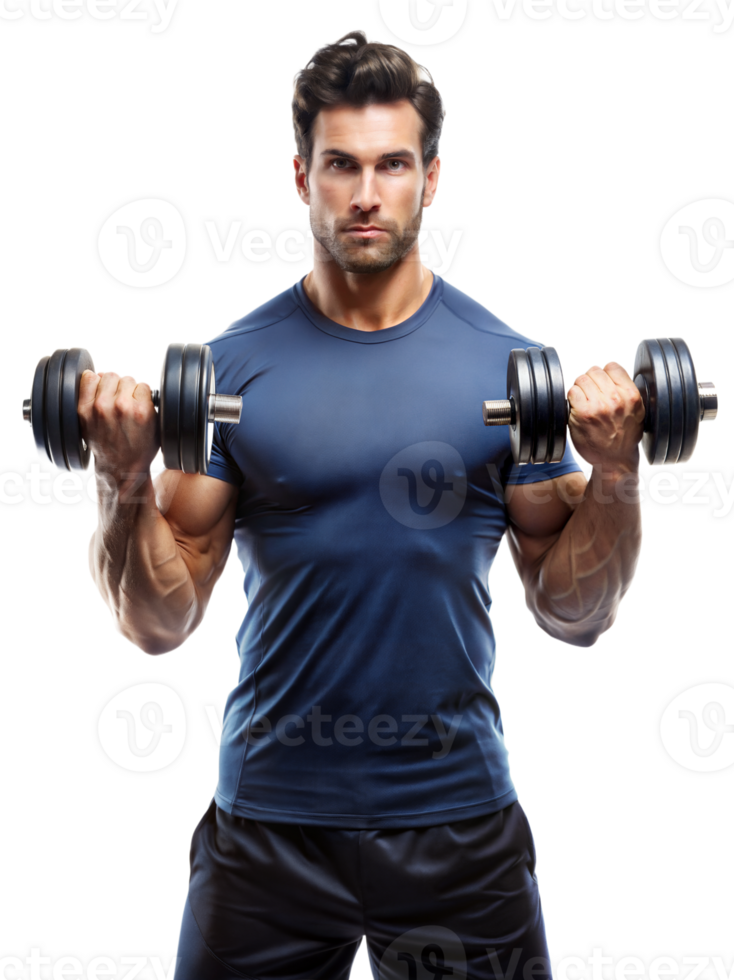 A muscular man in a blue shirt lifting weights, showcasing strength and fitness png