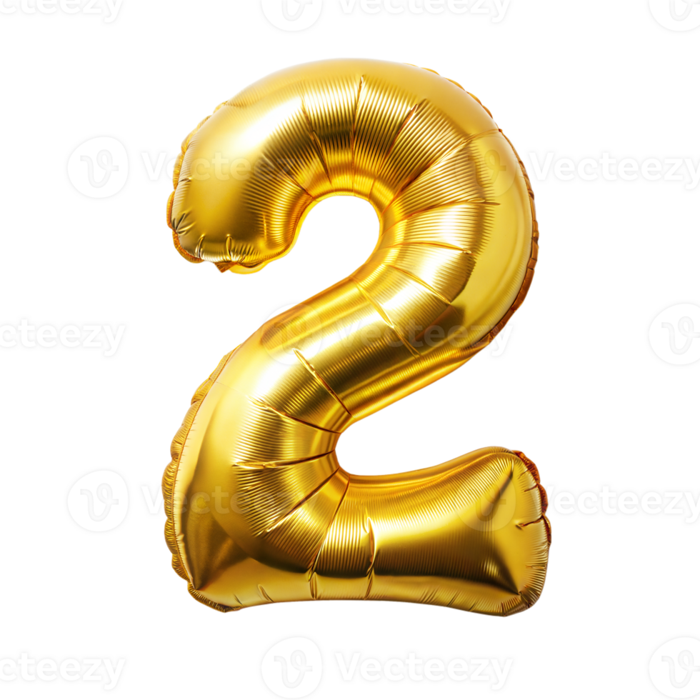 A shiny gold balloon in the shape of the number two png