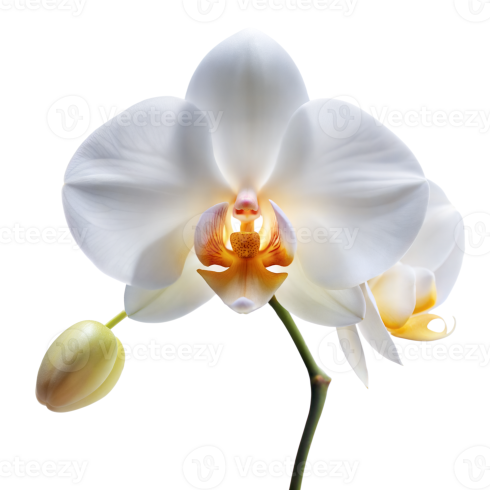 A pristine white orchid with a vibrant center stands out against a transparent backdrop png