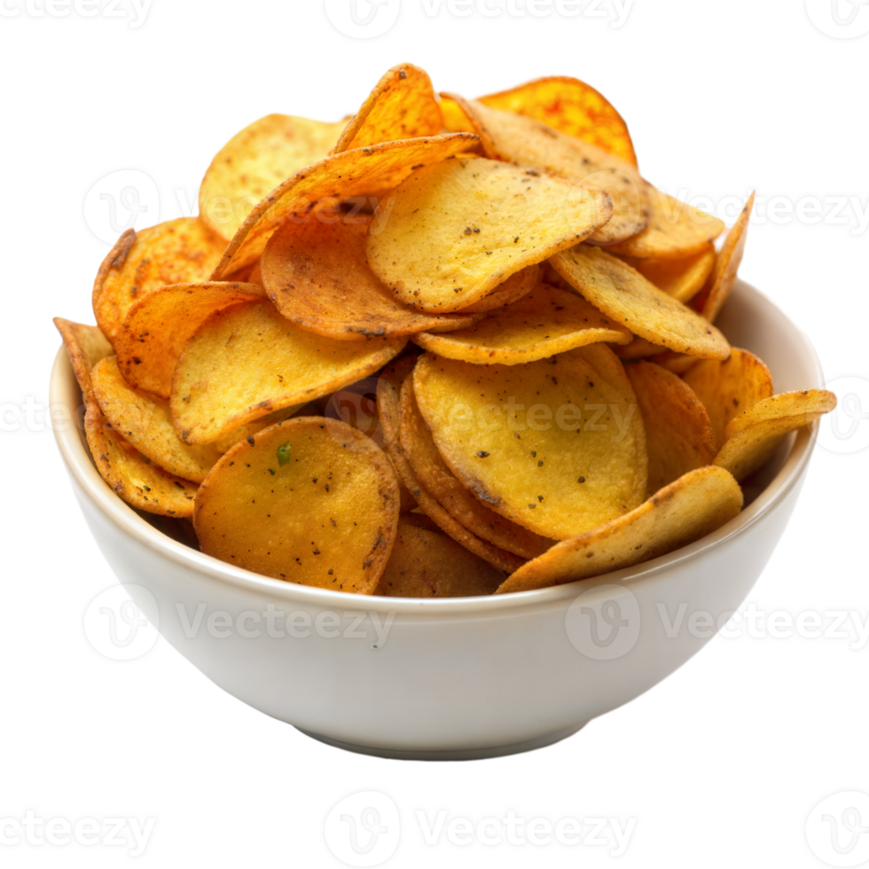 Bowl filled with crispy potato chips, isolated on transparent png