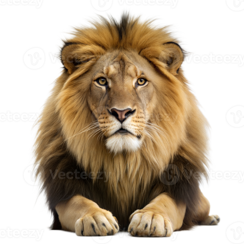 A regal male lion sits calmly, gazing forward png
