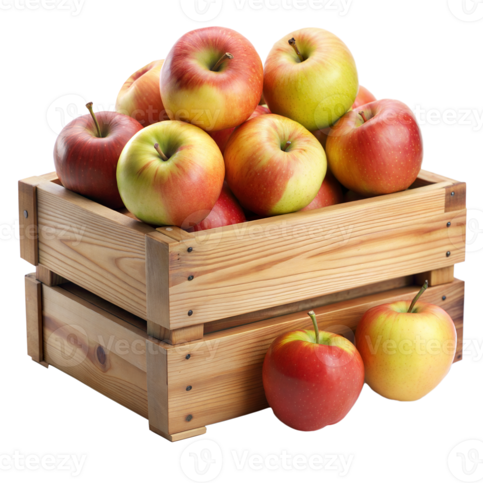 Assorted colorful apples piled high in a wooden crate png