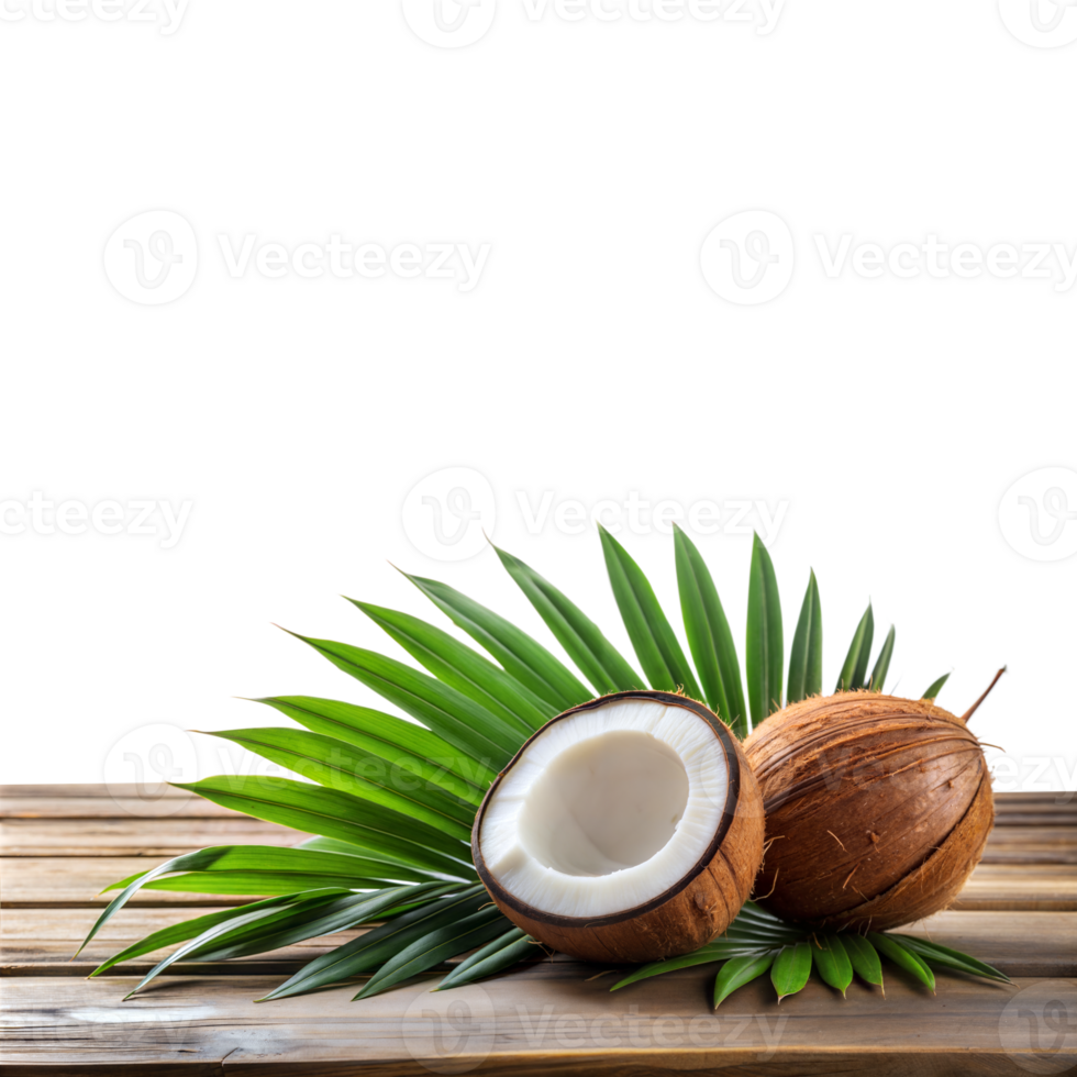 Halved and whole coconuts on a mat, tropical feel png