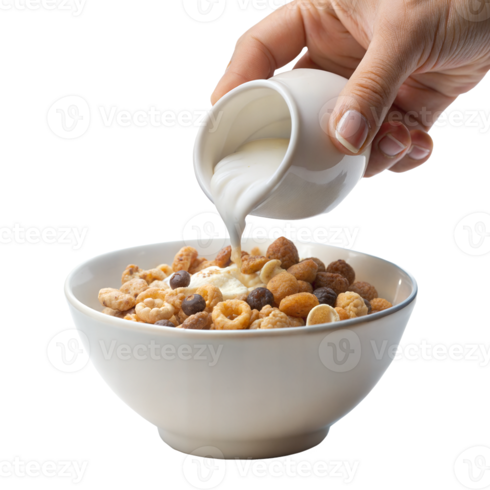 A hand pouring milk into a cereal bowl png