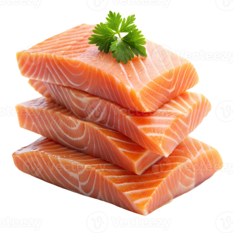 Stacked raw salmon fillets garnished with parsley, ready for cooking png